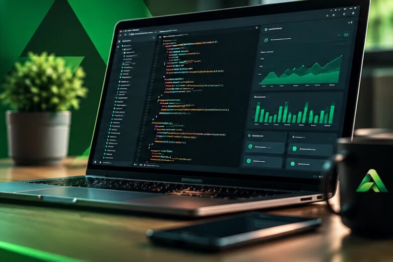 Notebook exibindo painel de dados e código em tons de verde